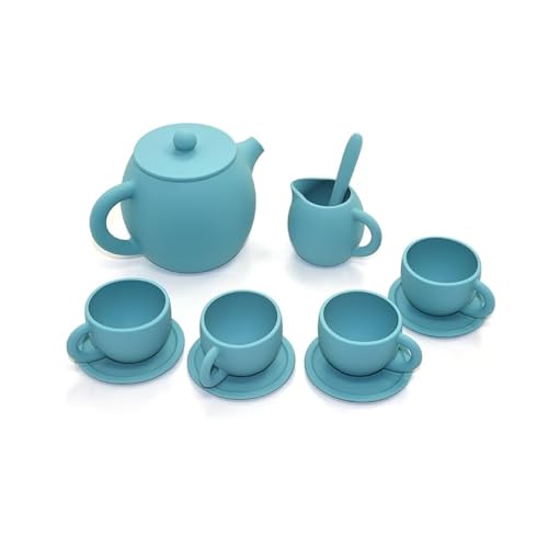 Silicone Tea Party Set A Cute Pink Outfit Suitable for Toddler Girl Includes Teapot 3 Tea Cup and 4 Tea Coasters 1 Spoon Dishwasher Safe Pretend Teapot Set (Blue)