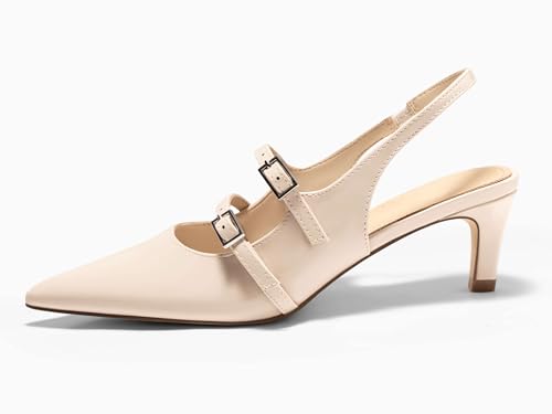 Image of Coutgo Womens Slingback Kitten Heels Mary Jane Pumps Closed Pointed Toe Buckle Strap Wedding Dress Shoes