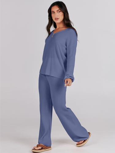 ANRABESS Women 2 Piece Outfits Sweater Lounge Sets Long Sleeve Cable Knit Pullover and Wide Leg Pants Tracksuit Matching Set4