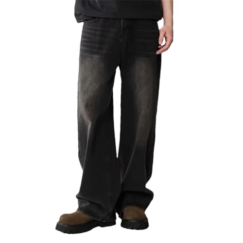 Men’S High Waist Wide Leg Jeans Mid Waist Loose Fit Straight Denim Pants Casual Zipper Fly Plaid Design Jeans