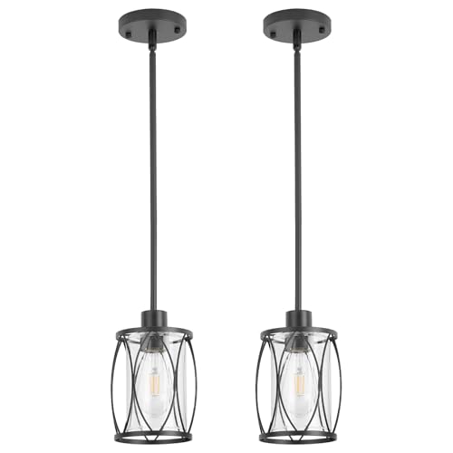 Image of Glass Pendant Lights Kitchen Island Black, 2 Pack | Pendant Light Fixtures Adjustable Farmhouse Mini Hanging Light with Clear Glass for Sink Dining Room Foyer Entryway