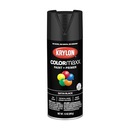 Image of Krylon K05557007 COLORmaxx Spray Paint and Primer for Indoor /Outdoor Use, Satin Black 12 Ounce (Pack of 1)