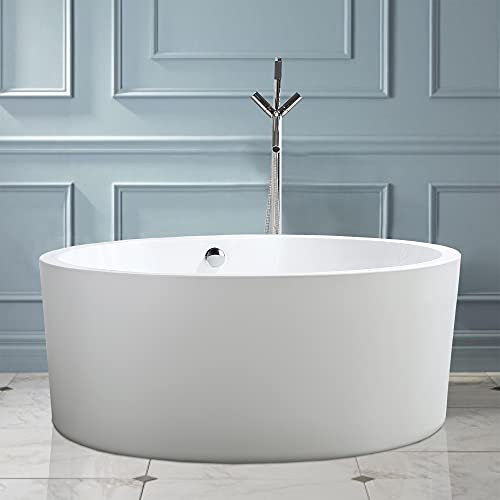 Vanity Art 59 Inch Freestanding Acrylic Bathtub Modern Stand Alone Soaking Tub with Chrome Finish UPC Certified Round Overflow Pop-up Drain VA6810
