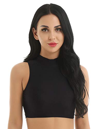 renvena Women's Girls Mock Neck Criss Cross Back Sports Bra Tank Top Strappy Camisole Dance Shirt Black Small