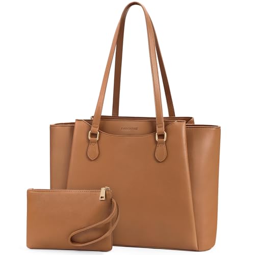 RAINSMORE Handtasche Damen 15,6 Zoll, Shopper Tasche Tote Bag Damen Groß mit Clutch, PU Leder Aktentasche Laptoptasche für Business, Schule, Arbeit, Braun