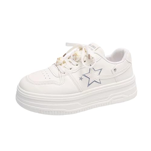 Cute Chunky Sole White Star Shoes Platform Casual Walking Sneakers for Women - Fashion Slip on Sneakers Lace up Aesthetic Shoes Cute Cat Shoelace Kitten Charm