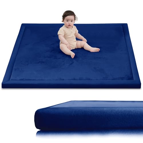Image of Baby Play Mat for Floor,1.3 inch Thick Memory Foam Tummy Time Mat,Soft Coral Velvet Nursery Rug,Extra Large Non Slip Crawling Mats for Living Room(Dark Blue)