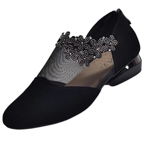 Women's large-size summer high-heeled stiletto rhinestone flower sandals with net fabric cutouts and low heels