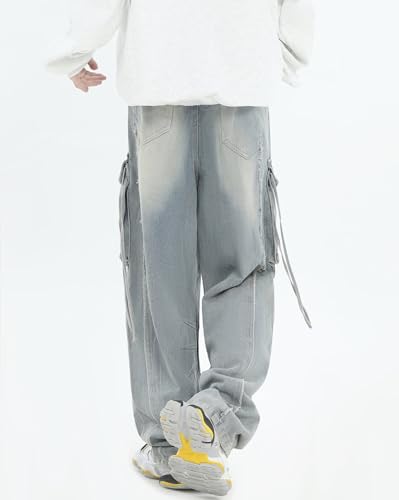 Baggy Denim Cargo Pants for Men Straight Wide Leg High Waist Ripped Fashion Boyfriends Jeans with Pockets3