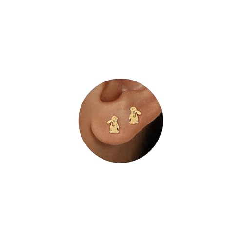 HEVOCY Easter Basket Stuffers Easter Bunny Stud Earrings for Women Dainty Mini 14K Gold Plated Rabbit Earrings Cute Spring Jewelry Gift 6.2x9mm