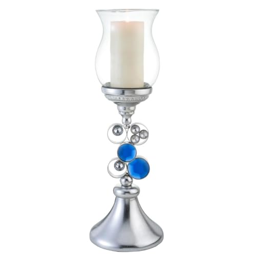 HomeRoots 468339 20.5 x 7 x 7 in. Silver & Blue Faux Crystal Bling Hurricane Candle Holder