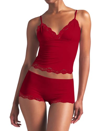 LEEDYA Ribbed Cami Pajamas Set 2 Piece Rib Knit Camisoles Pjs Racerback Tank Top with Shorts Lounge Sets for Women Red M