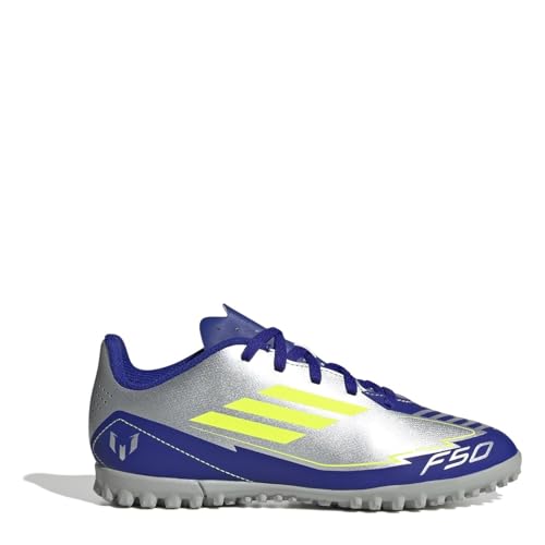 adidas - F50 Club Football Boots Turf, Zapatillas Niños Unisex, Silver Met./Solar Yellow/Lucid Blue, 38 2/3 EU