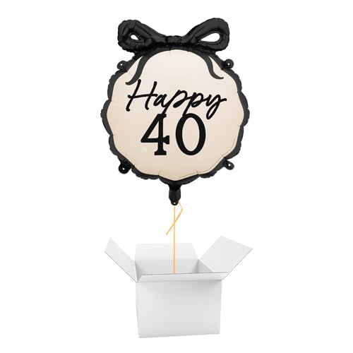 Happy 40th Birthday Black Bow Cream Round Foil Helium Balloon - Inflated Balloon in a Box