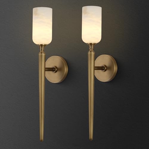 Image of Alabaster Wall Sconces Set of Two, 22in Modern Spanish Natural Marble Bathroom Vanity Sconces, Brass Alabaster Sconce Wall Lighting, Gold Wall Light Fixtures Decor for Bedroom Living Room Staircases