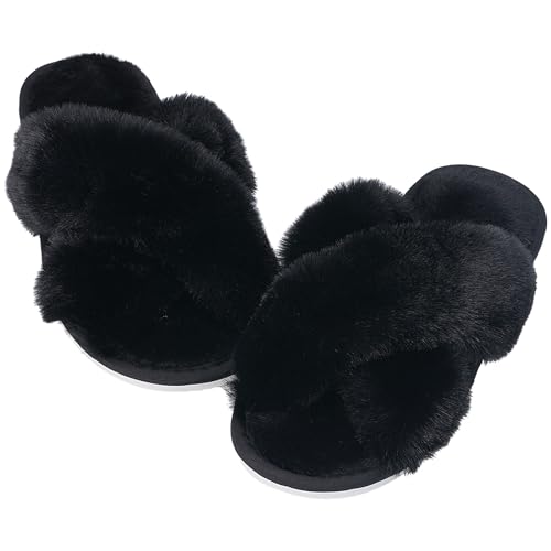 Womens Fuzzy Slippers Cross Band Memory Foam Slippers Cozy Plush Home Slippers Fluffy Home Shoes Comfy Indoor Outdoor Slip On Breathable