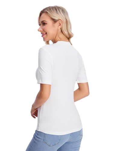 Verdusa Women's Business Casual Tops Mock Neck Short Sleeve Knit Basic Tees Work Ofiice Outfits2