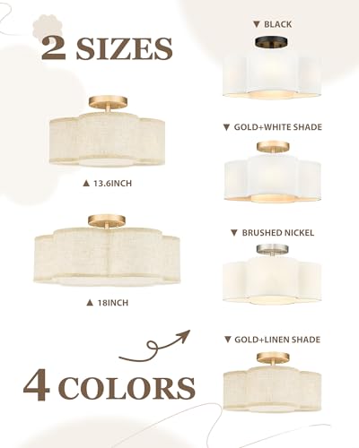 Image of Gold Semi Flush Mount Ceiling Lights, 4-Light 14 inch Gold Light Fixtures Ceiling Mount with Fabric Shade in Quatrefoil Shape, Drum lighting fixture for Nursery Bedroom Kitchen, AD-22007-4SF-GD-B