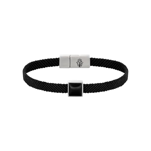 KARMA AND LUCK Black Macrame Onyx Magnetic Bracelet, Stainless Steel Link, Available in Medium and Large