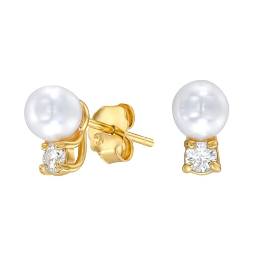 18K White/Yellow Gold Plated Silver Stud Earring With 0.20 Carat Diamond and Freshwater Cultured Pearl, Round Brilliant Shape, Earring For Women, Gift For Her Jewelry For Women