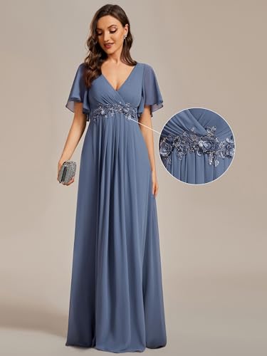 Image of Ever-Pretty Womens V Neck Applique Mother of the Bride Dresses Formal Dress | Chiffon, Short Sleeves, Ruched, A-Line, Bridesmaid Dresses, Formal Gown, Black Tie Dress
