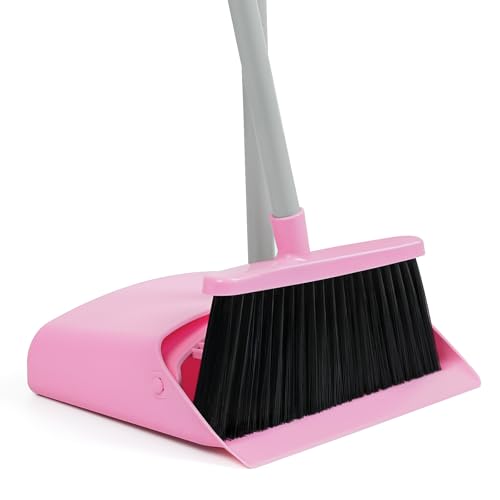 REEWII Pink Broom and Dustpan Set 58 Long Adjustable Handle Small Broom with Stand up Dustpan Combo Set with Dust Pan Teeth for Indoor Home Office Floor Cleaning
