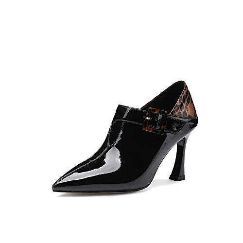 TinaCus Women's Handmade Patent Leather Elegant Pointed Toe Buckled Mid Heel Pumps with Leopard Print