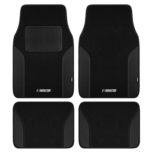 NASCAR Car Floor Mats, Carpet & Black Leather Design Car Mats, Universal-Fit All-Weather Car Floor Mats with Built-in Heel Pad & Anti-Slip Backing, Durable Odorless Automotive Interior Accessories