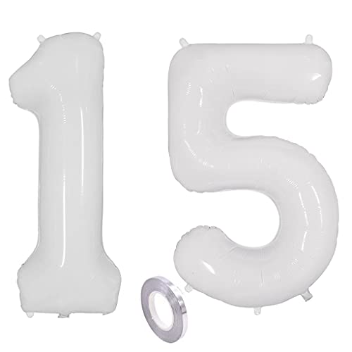 Weiß Luftballons Zahl 15. Geburtstag deko Mädchen Junge,Zahlen Ballon 15 Geburtstag deko, 40 Zoll Heliumballon 15 jahre Geburtstagsdeko Mädchen Junge Aufblasbar Helium Folienballon 15 Weiß（15）