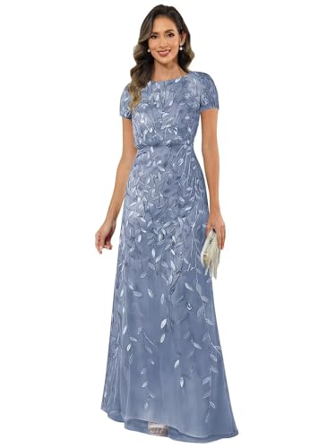 Djqpi Long Mother of The Bride Dresses with Short Sleeves Dusty Blue Sparkly Evening Formal Dress for Wome Size 10