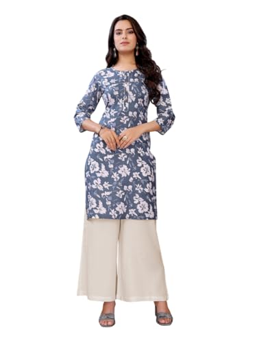 Kurti en coton gris tunique indienne droite mi-longue imprimée Kurta femme