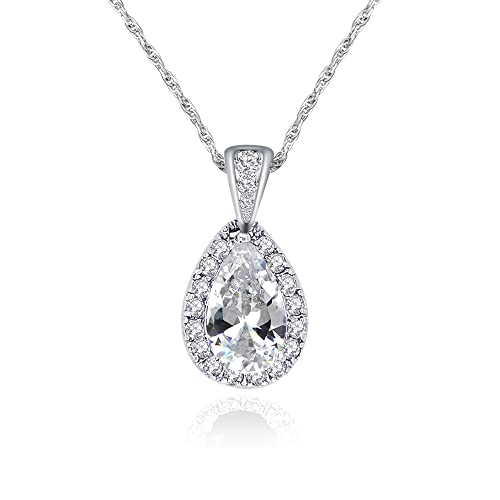 LAVINA Peardrop Halo Cubic Zirconia Pendant Necklace For Wedding Bridal,Prom (Pear Shaped Pendant...