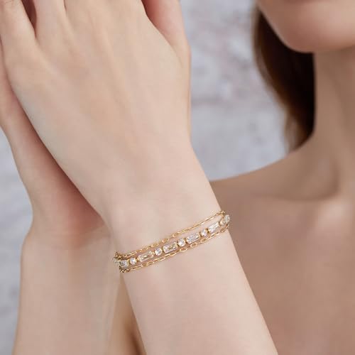 Cicy Bell Womens Double Layered Link Bracelets 14k Gold Plated Cubic Zirconia Tennis Bracelets Sets Trendy Jewelry Gifts for Lover Mom Friends2