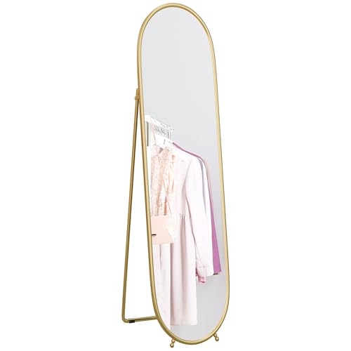HOMCOM Espejo de Pie Cuerpo Entero Ovalado 160x40 cm, Espejo de Cuerpo Entero con Soporte, 2 Formas de Uso, Independiente y Apoyado, para Salón, Entrada, Dormitorio, Dorado