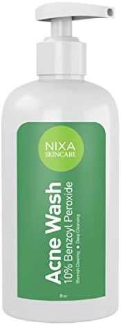 Nixa Skincare 10% Benzoyl Peroxide Wash - Acne Treatment, Face and Body Cleanser for Teens and Adults - Unclog Pores, Reduce Sebum, Works on Contact - Non-Irritating Non-Oily Cleansing Formula - 8oz.