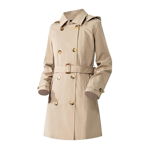 Women's Trench Coat Double Breasted Classic Mid-Length Adjustable Belt Jacket with Detachable Hood and Vest