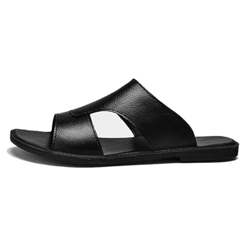 Men's Leather Perforated Sandals - Comfortable Lightweight Open-Toe Anti-Slip Slides Summer Outdoor Beach Shoes (10,Black)2