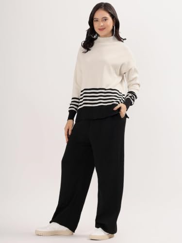 Image of Kvetoo Women Winter Coord Set Wool Blend Tracksuit High Neck Sweater and Wide Leg Pants Warm Knitwear Pyjama Set for Casual Office Travel Wear