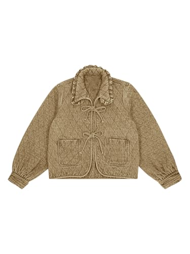 Image of Tankaneo Womens Quilted Denim Puffer Jackets Tie Front Bow Cropped Puffy Jackets Fall Cute Short Jeans Coat