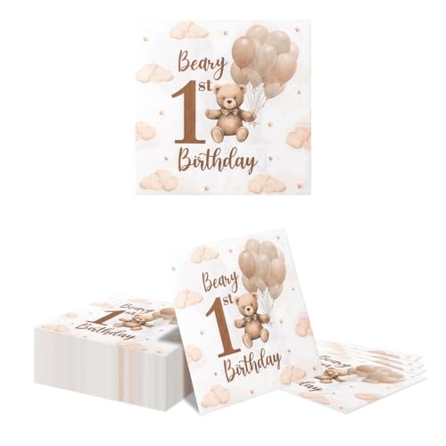 Kotkiddy 40 Pièces Serviettes Bébé Bär Baby Shower 16,5 cm Jetables Cocktail Invité Dîner Serviettes en Papier pour Garçons Filles Révélation de Genre 1er Anniversaire Fê