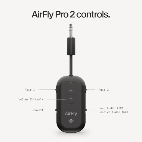 Image of AirFly Pro 2 - Bluetooth Adapter for Airplane, Pair 2 AirPods or Wireless Headphones - 3.5mm AUX Bluetooth Transmitter and Receiver for Cars, Boats, Treadmills, TVs- Airplane Travel Essentials, Black