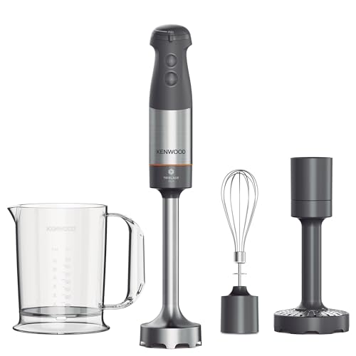 Kenwood Triblade XL+ Frullatore ad Immersione, Mixer, Asta in Acciaio Removibile, Dotato di Frusta a Filo, Schiacciaverdure e Bicchiere Graduato con Manico da 0,75L, Potenza 1000watt,Grigio