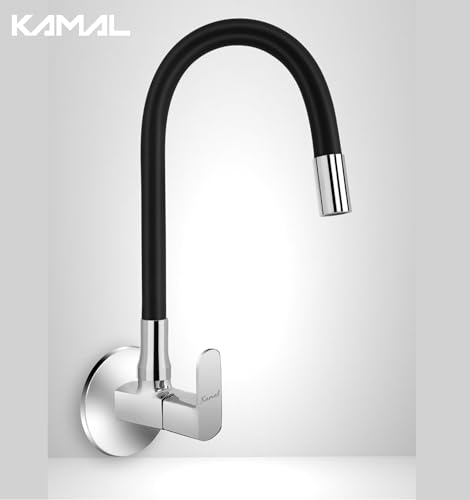 Image of KAMAL Flexible Sink Tap Cubix Prime | with 360 Degree Flexible Silicone spout | Single Flow Bubble Aerator | Black & Chrome Bib Tap Faucet (Wall Mount Installation Type)