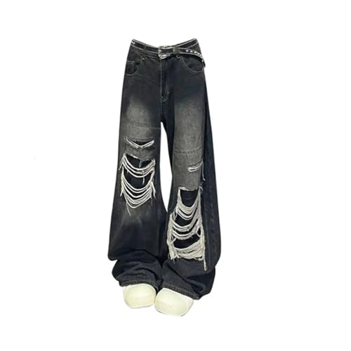 Women's Black Gothic Ripped Jeans Baggy Aesthetic Denim Trousers Harajuku Oversize Jean Pants