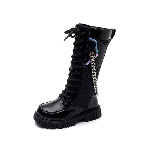 2026 Botas de equitación con cordones para niña, botas altas hasta la pantorrilla, cremallera lateral, botas punk 4 años, Negro , 32 EU