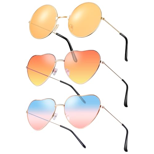 Forbabe 3 Paar Herz Party Brillen, Metallrahmen Herz Sonnenbrille Lustige Sonnenbrille Orange Runde Retro Kostüm Brille Hippie Brille für 60er 70er 80er 90er Party Accessoires - Orange