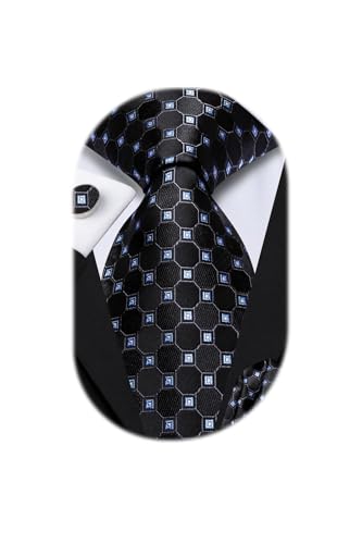 Image of Dubulle Mens Paisley Floral Silk Tie for Men Black Blue Striped Necktie and Pocket Square Cufflinks Set Wedding Business