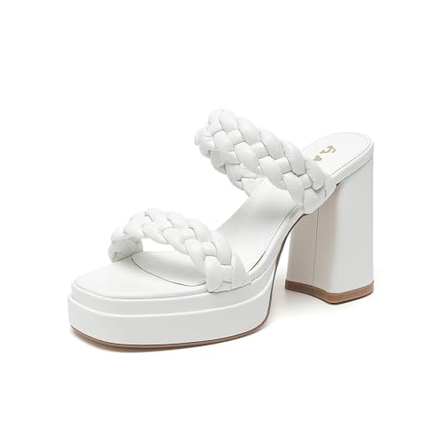 Amoji Women 4 Inch Platform Chunky Heels Two Strap Slip On Heeled Braided Sandals 314 9 314white