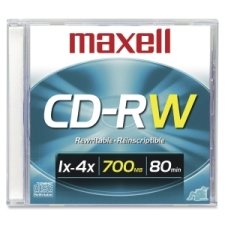 Maxell CD-RW 650MB 4x disc, showing the silver reflective surface and the Maxell brand logo on the label side.