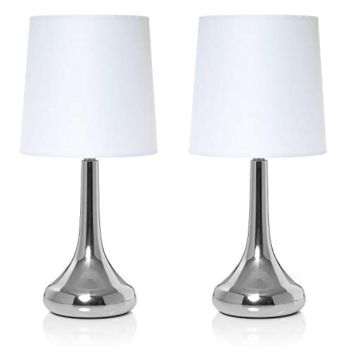 Juego de 2 lámparas de mesa cromadas con forma de lágrima, con bombillas LED de 5 W, regulables, color blanco